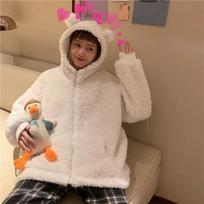 Harajuku Kawaii Užtrauktuku Hoodie Moteriškas megztinis Japoniškas Varlė Storas Per didelis ėriukų vilnos paltai Madingi Šilti žieminiai drabužiai S balta