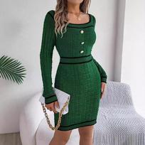 Fall Winter Lazy Wind Loose O-Neck Sweater Dress Women's Long Sleeve Straight Knit Pit Strip Wide Dresses EMA S žalia