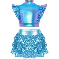 Girls Sleeveless Jazz Dance Set Metallic Ruffle Crop Top & Shiny Sequins Culottes Mock Neck Performance Outfit 5-6 Years mėlyna