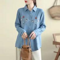 Women's Embroidered Denim Autumn and Winter New Retro Versatile Loose High-end Long-sleeved Shirt L mėlyna