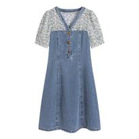 French Fake Two-piece Denim Dress for Women In Summer New Design Niche Short-sleeved Floral Skirt M