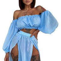 2Pcs/Set Swimwear Cover Up Solid Color Off Shoulder Waist-exposed Wear-resistant Beach Skirt for mėlyna