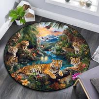 Tiger Jungle Wildlife Round Area Rug,Carpet Rug for Living Room Bedroom Sofa Playroom Decor,Non-slip Floor Mat 80cmx80cm