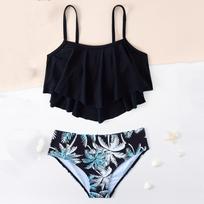 Girls  Floral Sleeveless Spaghetti Straps Adjustable Straps Swim Shorts Two-Piece Swimsuit Swimwear 130 juoda