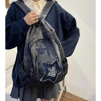 Y2K Korean Casual Denim Backpack Fashion Star Pattern Large Capacity Student Schoolbag Teenagers Vintage Punk Travel Book Bag 30x13x40cm