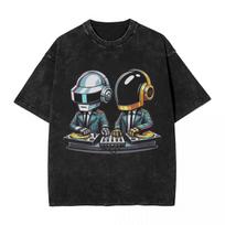 Daft Punk Vintažiniai skalbti marškinėliai Hip Hop Harajuku Gatvės stiliaus trumparankoviai viršutiniai drabužiai T marškinėliai Vyrams Moterims Per dydį laisvi kasdieniai S black