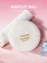 CHANEL Balta pūkuota CHANEL BEAUTÉ apvali kosmetinė, pliušinis užtrauktukas, kosmetikos krepšys, prabangaus prekės ženklo grožio aksesuaras balta