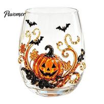 Large Glass Water Cup Halloween Artisan Glassware, Stemless Drinking Glasses with Raised Pumpkin Ghost Black Cat Web Reusable Daily Mug Design, Spooky 1