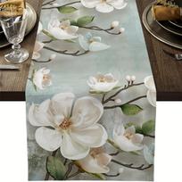 Vandenženklio gėlių staltiesė Modernus paveikslas Menas Magnolijos stalo vėliavėlė, Lininis audinys Virtuvės ir valgomojo stalo dekoracija 33x230cm gray