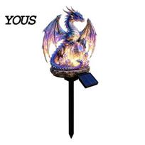 Pathway Decor for Flower Beds Solar Dragon Garden Light, Resin Fairy Stake Lantern with Purple Faux Unique Housewarming Gifts Gardeners Crystal Base, A