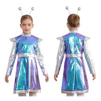 2 vnt. Vaikų mergaičių Helovino Ateivio Cosplay Kostiumų Rinkinys su Plaukų Lanku, Kosminė Mielutė Suknelė Šventei & Pasirodymui 5-6 Years mėlyna