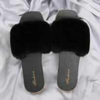 Women's Faux Fur Slides Fashion Flat Open-toe Slippers 36 juoda