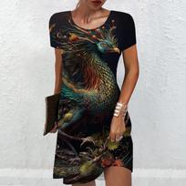Vintage Art Women 3D Birds Print Dress Summer Short Sleeve Loose Dress Casual Ladies Retro Clothing New S