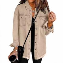 New Washed Denim Shirt Jacket for Women, European and American Personality Street Style Edging Hem Jacket for Women S