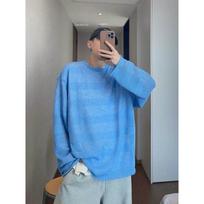 Light Blue Lazy Style Frayed Crew Neck Loose Mens Breathable Knit Sunscreen T Shirt M mėlyna