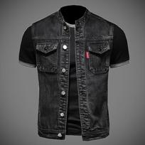 Men's European Station Motorcycle Denim Vest Men's Sleeveless Denim Jacket Fashion Trend Jacket Slim Jacket S