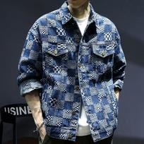 Plaid Men's Retro Denim Jacket - Japanese Loose Fit, Spring/Autumn Fashion Trend M