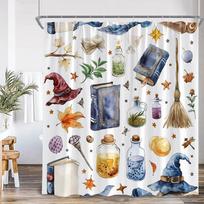 Witchcraft Magic Vintage Shower Curtain Wizard Hat Witch Magical Room Library Books Bookstack Retro Polyester Bath Curtain Cloth 90x180cm-35x70in