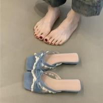 Fashion 2025 Designer Summer Butterfly-knot Lace Women Slippers Casual Thick Low Heel Dress Street Style Slides 35 mėlyna