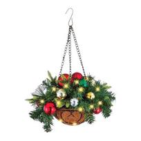 Christmas Hanging Baskets with LED Lights Pine Pre-Lit Artificial Basket Cones Berries Winter Outdoor Planter 1pc A