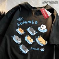 Fun Cat And Dog Swimming Japanese Style T-Shirt Female Casual Loose T-Shirts Summer Tops Fashion Breathable Tee Clothing XS juoda