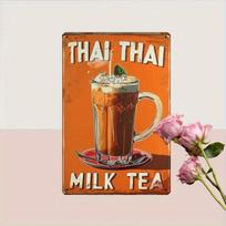 Thai Nostalgic Tea Art Retro Iron Wall Decor Sign  Vintage Thai Milk Tea Design with Thai Basil Leaf   Rustic Metal Plaque 20x30cm（7.8x11.8inch）