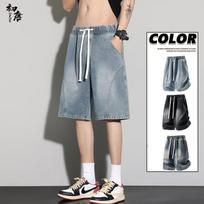 Men's Relaxed Fit Patchwork Ice Silk Denim Shorts L