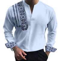 Yousheng Autumn Spring Men Shirt Printed Slim Fit V Neck Long Sleeves Retro Style Color Matching Pullover Formal Business Daily Wear Top L mėlyna