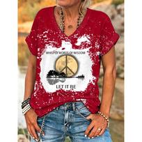 ilstile Women's What A Wonderful World Life Tree Bleached T-Shirt Boho Hippie Print V-Neck Short Sleeve Loose Casual Top S