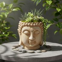 Unique Buddha Head Flower Pot Resin Sturdy Figure Planter Vase for Living Room Bedroom Office Table Decor smėlis