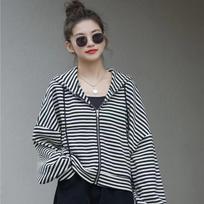 Spring and Autumn Lazy Cardigan Striped Sweatshirt Jacket Women's New Loose Hooded Hong Kong Style Top M