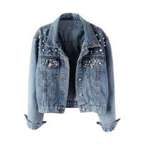 Women Denim Jacket Solid Color Single-breasted Short Breathable Keep Warm Beads Decor Long Sleeves Cardigan Imitation Pearl Autumn Coat Female Clothes 2XL mėlyna