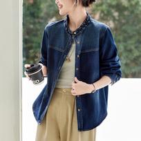 Women's Long Sleeve Retro Blue Denim Shirt Jacket with Ruffled Collar - 2026 Spring Arrival Medium džinsinio mėlyna spalva