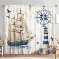 Panels Illustration Mediterranean Sailing Curtains Shade Privacy Protection Suitable Decorating Various Rooms Curtain Polyester W100*H70(CM)-Grommet top&2PCS