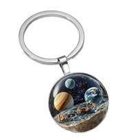 Round Alloy Metal Keychain with Planet and Space Pattern Pendant for Keys Bags Backpacks Accessories Gifts One Size