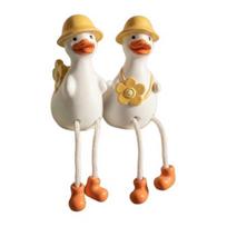 2 Pcs Shelf Sitters with Dangling Legs, Little Resin Duck Figurine, Cute Decorative Goose Statue with Yellow Hats for Indoor Home Desk Table Decor