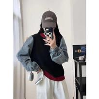Splicing denim design knitted sweater top autumn and winter new loose casual contrasting sweater pullover women one size fits all juoda