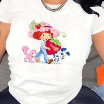 Vibrant Cartoon Figure & Strawberry Print Relaxed Fit Crew Neck Short Sleeves Casual T-Shirt Y2k Top Graphic  Women Clothing S