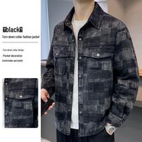 2025 Spring/Autumn Men's Trendy Cross-Plaid Denim Lapel Jacket XXL juoda