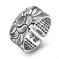 Vintage Ring Amulet Buddha Lotus Buddhist Chinese Letter Opening Rings Men&Women Jewelry Buddhistic Heart Sutra Rings