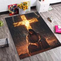 Jesus with Glowing Cross Print Area Rug, Non-Slip Floor Mat for Living Room Bedroom, Christian Religious Home Decor Carpet 40x60cm( 15x23in )