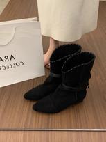 Retro pleated belt buckle pointed pile boots women's new inner height increase versatile comfortable western cowboy boots 35 juoda