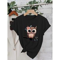 European sizes Women'S Cartoon Owl Printed Round Neck T-Shirt for Spring And Summer, Short Sleeve Casual Top. S juoda