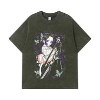 275 GSM Washed T-shirts 100% Cotton Demon Slayer V44 Shibobu Print Unisex Heavy Cotton T Shirt S armijos žalia spalva