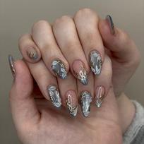 30Pcs Press On Nail for Quick Wear Matte Blue Cats Eye Silver Leaf Design ABS Comfortable Fit 1 gray