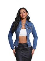 Retro American Street Style Women's Long-Sleeve Denim Jacket with Lapel Pockets M šviesiai mėlyna spalva