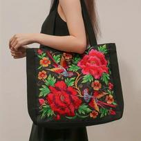 Flower Embroidery Canvas Tote Bag, Ethnic Style Shoulder Bag, Large Capacity Handbag For Women KTB 35x9x35cm raudona