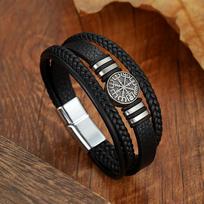 Multilayer Braided Leather Bracelet Viking Compass Pendant Punk Mens Wristband Handmade Adjustable Gift juoda