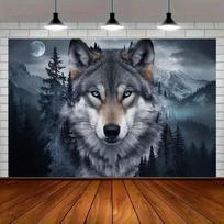 2D pilkojo vilko gobelenas, mėnulio nakties miško kalno sienos dekoracija, laukinės gamtos gyvūnų peizažo dekoras 47.2x31.5inch/120*80cm gray