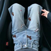 Light Blue Puppy Embroidered Wide-Leg Velvet Denim Pants - Women's Spring 2026 Loose Floor-Length Design S mėlyna